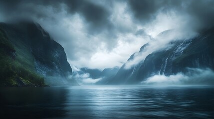 Fototapeta premium Dramatic clouds and heavy rain over a deep fjord