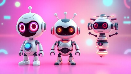 Cute robots in futuristic backdrop. 3D render. Stock image