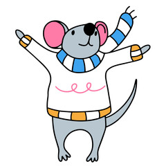 The mouse stands with his arms out to the sides in a blue scarf