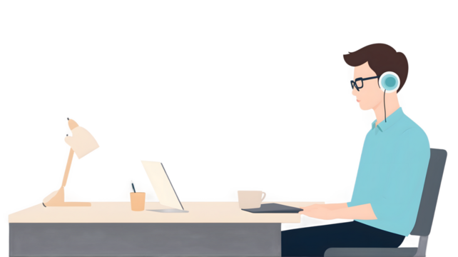 Person working on laptop at desk with headphones