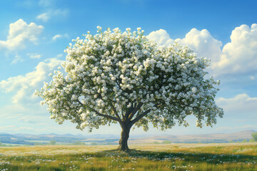 Obraz premium Blossoming apple tree adorned with pure white flowers under bright blue sky