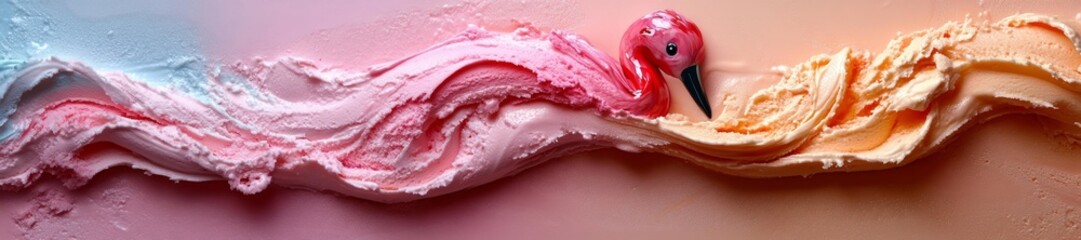 Flamingo Shaped Ice Cream Swirl with Colorful Layers. Generative AI