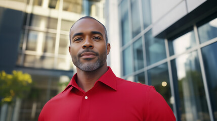 Naklejka premium A close-up portrait of a serious and confident businessman standing outside a modern office building. Wearing a red shirt, he looks directly at the camera with a focused and though