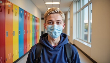 Focused 10-year-old boy wearing a mask in colorful school hallway, capturing new normal in education