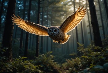 Obraz premium Owl gliding gracefully through a misty forest at dawn