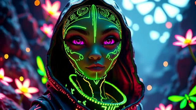 Smiling female alien in a glowing forest on an alien planet with glowing insects