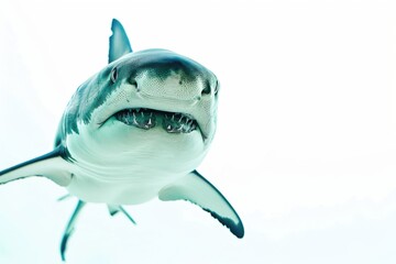 A close-up of a shark’s angular head, showcasing its eyes and teeth against the clean simplicity of a white backdrop.