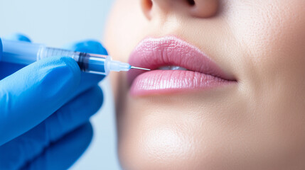 Lip enhancement procedure by professional cosmetologist. Lip augmentation treatment, cosmetology, professional lip filler, cosmetic procedures, lip plumping.