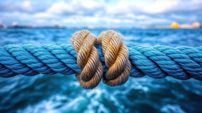 Close-up of nautical knot on blue rope over ocean background