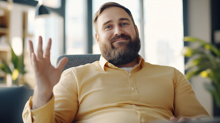 Obraz premium A friendly bearded professional engaging in a webcam meeting, making a warm gesture while sitting in a modern office. His confident and approachable expression reflects strong comm