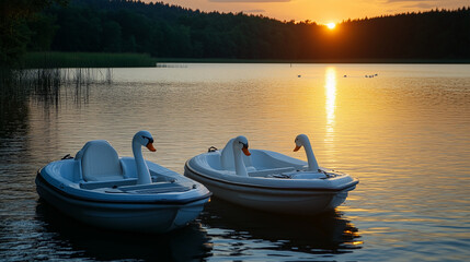 White swan pedal boats float gracefully on the calm lake at sunset, surrounded by rippling water and a backdrop of dark green forest, capturing the beauty of nature.


