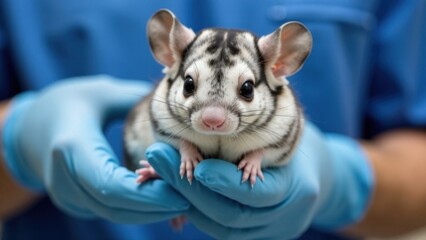 Adorable black and white sugar glider in blue gloved hands