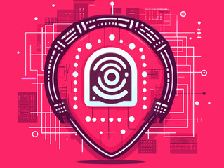 Digital Security Icon with Circuit Background and Shield Design on Vibrant Pink. Cybersecurity, Protection, Technology, Digital, Circuit, Shield, Secure Network Art