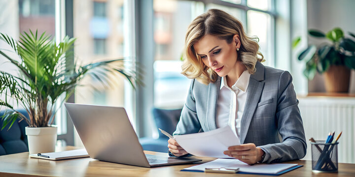 Serious female financier accountant doing paperwork inside office, businesswoman checking contracts and financial reports tax forms, working with documents and laptop
