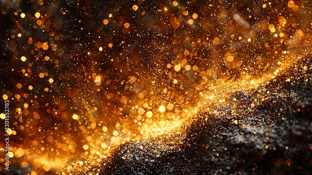 Poster abstract golden particles flowing across a dark void, close-up
