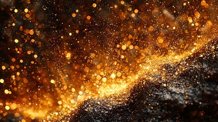 Abstract golden particles flowing across a dark void, close-up