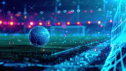 A colorful soccer ball surrounded by a futuristic digital interface displaying charts, graphs and numbers illustrating the combination of sports and technology in online betting analysis.