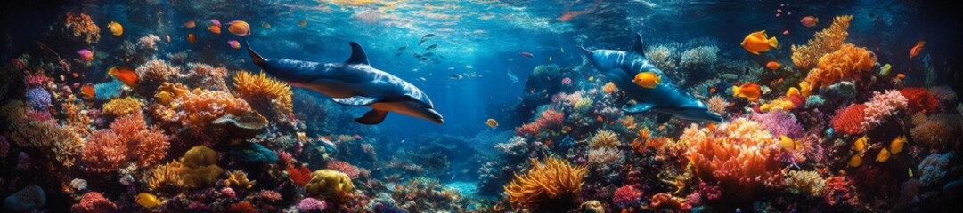 Fototapeta premium A vibrant coral reef scene with dolphins swimming among colorful fish. Generative AI