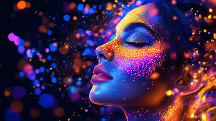 A striking artistic portrait of a woman with flowing multicolored hair and vibrant makeup. Her face is elegantly illuminated against a dark background, with splashes of color blend