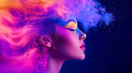 Fototapeta premium A striking artistic portrait of a woman with flowing multicolored hair and vibrant makeup. Her face is elegantly illuminated against a dark background, with splashes of color blend