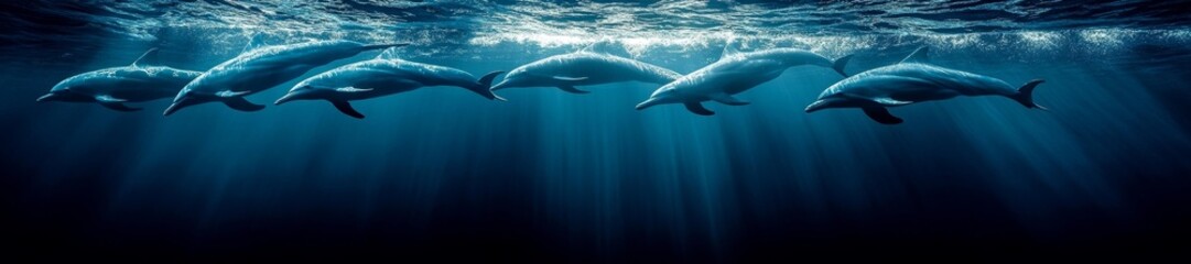 Obraz premium A pod of dolphins moving in unison under the glowing sunlight in a deep blue ocean. Generative AI
