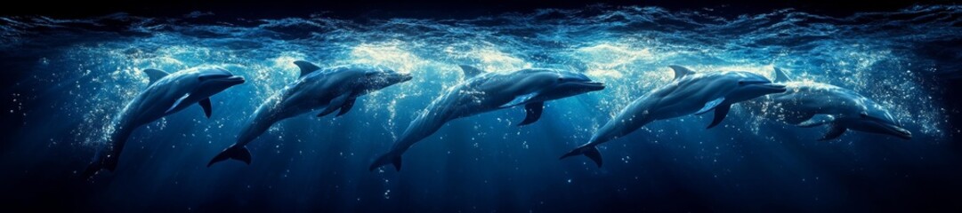 Naklejka premium Several dolphins swimming together in deep blue water with light filtering through the surface. Generative AI