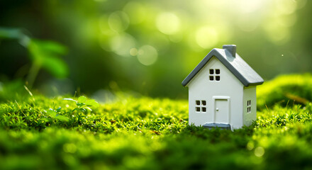 Miniature White House on Lush Green Moss Dreamy Nature and Eco-Friendly Concept