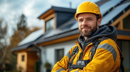 Fototapeta premium Engineer installing solar panels on house roof: renewable energy and sustainability. Engineer smiles proudly after installing solar panels, promoting renewable energy and eco-friendly practices.