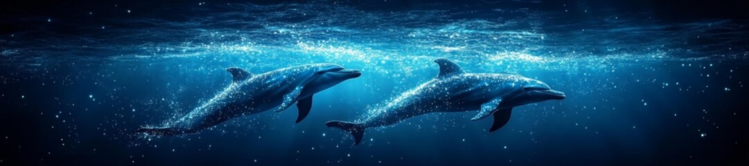 Naklejka premium A stunning underwater world with two dolphins swimming through sparkling blue water. Generative AI