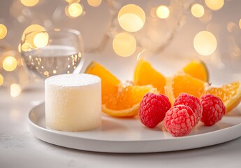 Fresh Fruits with Creamy Dessert and Sparkling Water on Plate
