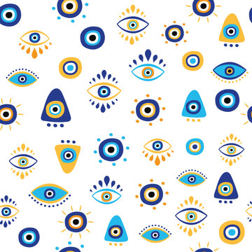 Bohemian and modern evil eye pattern design. Inspired by traditional Turkish culture, this seamless pattern features stylish and minimal evil eye motifs. Perfect for textiles, wallpapers, stationery, 