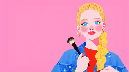 A cheerful anime-style girl with bright turquoise eyes and long braided blonde hair, holding a makeup brush in one hand and an eyeshadow palette in the other. She wears a stylish d