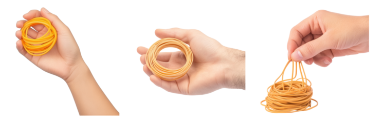 Hands Holding Yellow Rubber Bands in Different Positions Isolated on transparent background