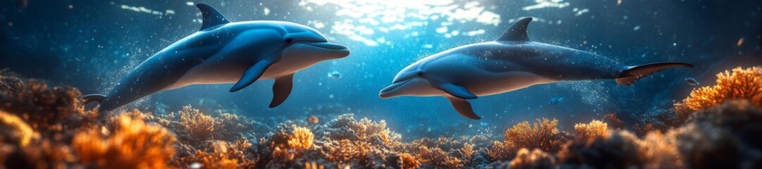 Obraz premium Two dolphins exploring a vibrant coral reef with abundant sea life and clear water. Generative AI