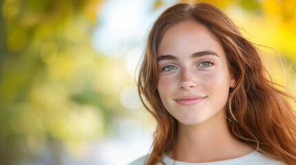 Naklejka premium A close-up of a young woman with naturally luminous skin, showcasing a fresh and radiant complexion. Her gentle expression and soft pastel background create a sense of relaxation,