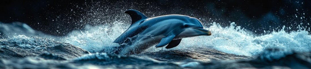 Fototapeta premium Dolphin swimming through waves at sunset. Generative AI