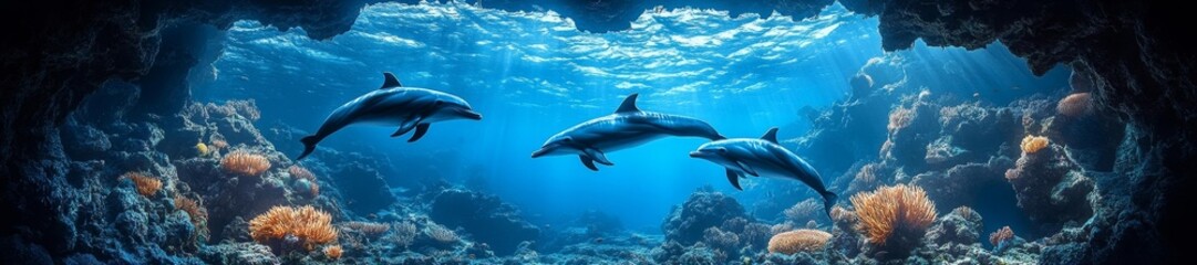 Fototapeta premium Dolphins exploring an underwater canyon with vibrant coral reefs and clear blue waters. Generative AI