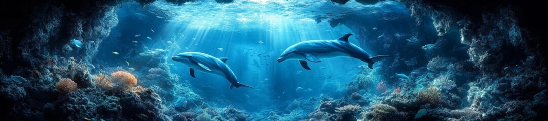 Fototapeta premium Two dolphins swimming together through a stunning underwater cave filled with coral reefs and sea life. Generative AI