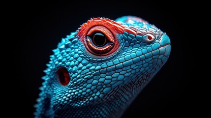 Close-up portrait of vibrant blue lizard, dark background