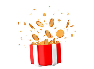 3d gold coins flying out of a red box. Stock vector illustration on isolated background.