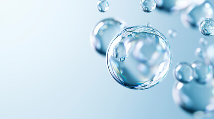 A minimalist arrangement of rising water bubbles, representing lightness, fluidity, and natural freshness. The soft reflections enhance the feeling of clarity and airiness.floating