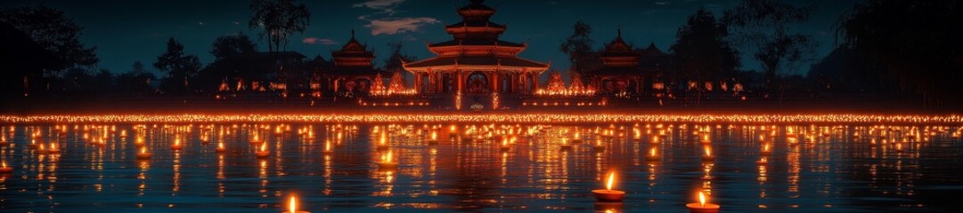 Obraz premium Vibrant Candle-lit Vesak Festival at a Buddhist Temple at Night. Generative AI