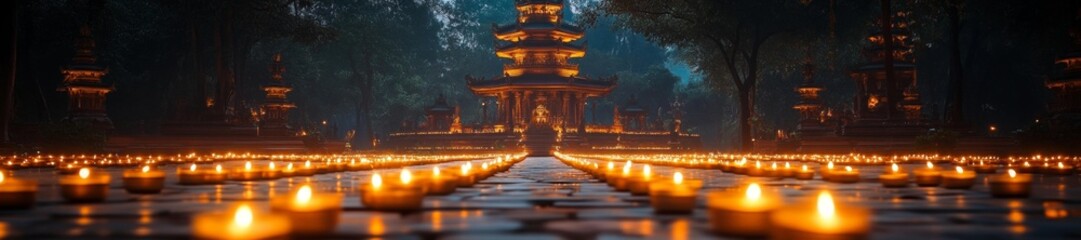Fototapeta premium Beautiful Vesak Festival with Glowing Candles Lighting Up a Temple at Night. Generative AI
