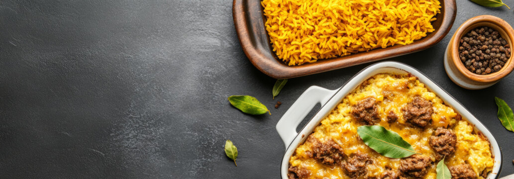 South African bobotie served in a rustic dish accompanied by vibrant yellow rice and warm earthy tones for a traditional meal experience