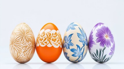 Fototapeta premium Decorated Easter Eggs in a Row - Four intricately decorated Easter eggs, each with a unique floral design, symbolize spring, new beginnings, celebration, artistry, and tradition