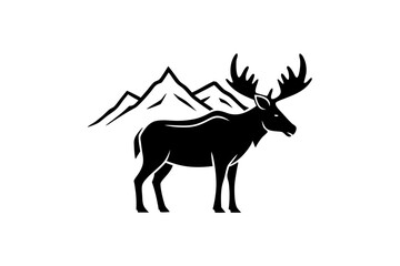 Wild Moose in Scenic Mountain Valley. Line Drawing Vector Design