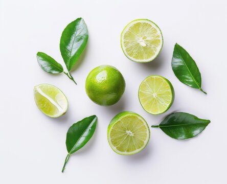 The bright green lime’s smooth texture and fresh appeal shine against a clean white background, embodying tropical essence.