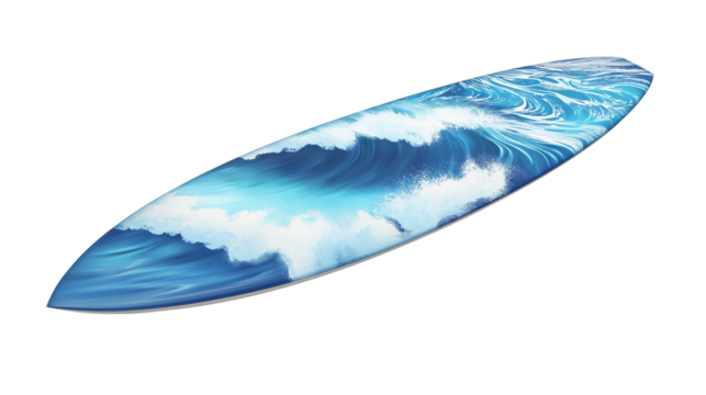 Classic surfboard with ocean wave design, ready for beach adventures, isolated on white background, PNG format - Powered by Adobe