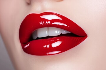 Naklejka premium Glossy Red Lips - Sensual, glamorous, beauty, cosmetics, lipstick. A close-up shot of perfect red lips with a glossy finish