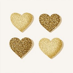 Fototapeta premium Four gold glitter hearts, two light and two dark shades, on white background.